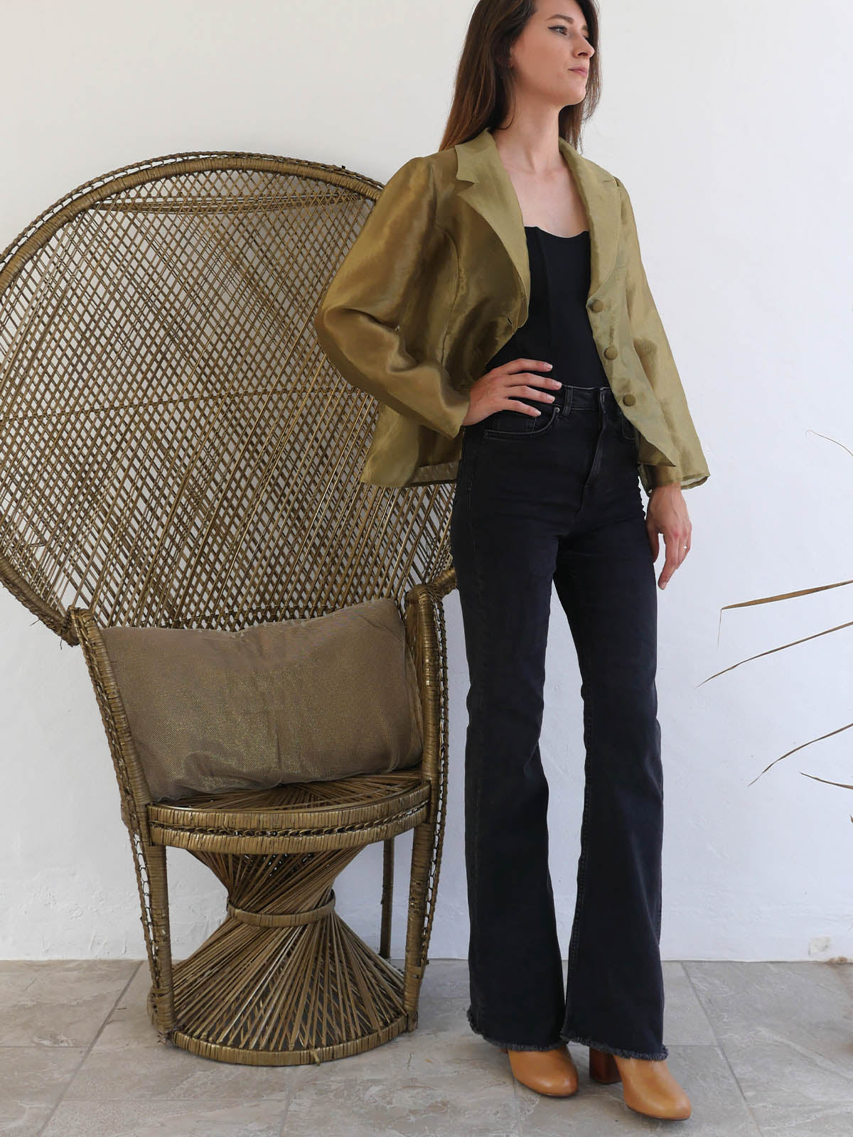 Olive Green Sheer Organza Jacket with Long Sleeves