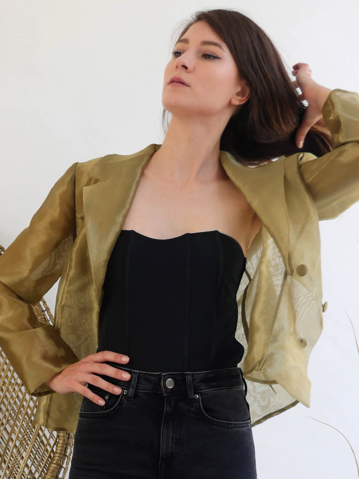 Olive Green Sheer Organza Jacket with Long Sleeves