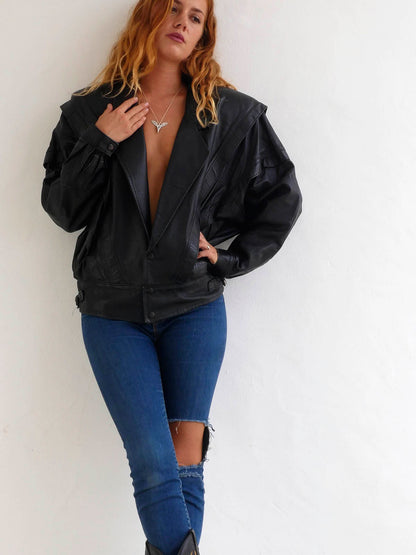 Vintage Black Leather Jacket with Large Shoulders