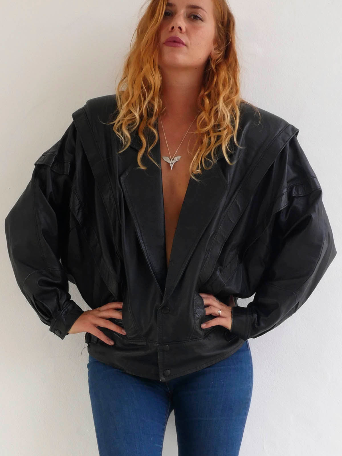 Vintage Black Leather Jacket with Large Shoulders