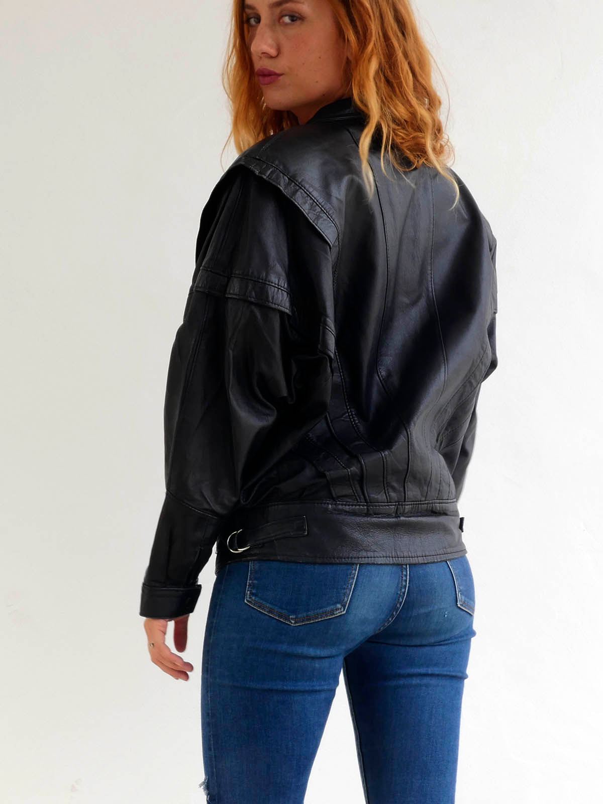 Vintage Black Leather Jacket with Large Shoulders