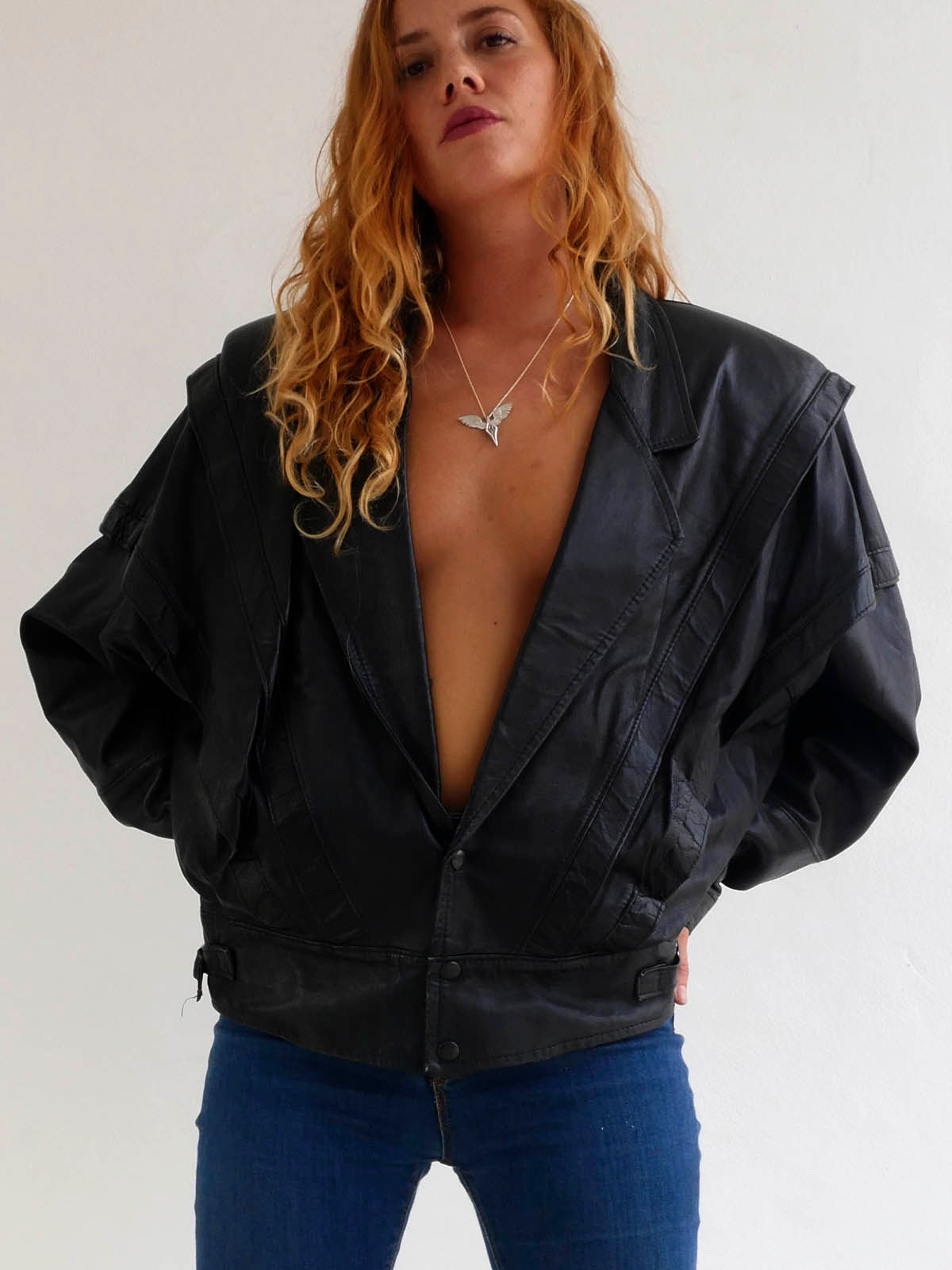 Vintage Black Leather Jacket with Large Shoulders