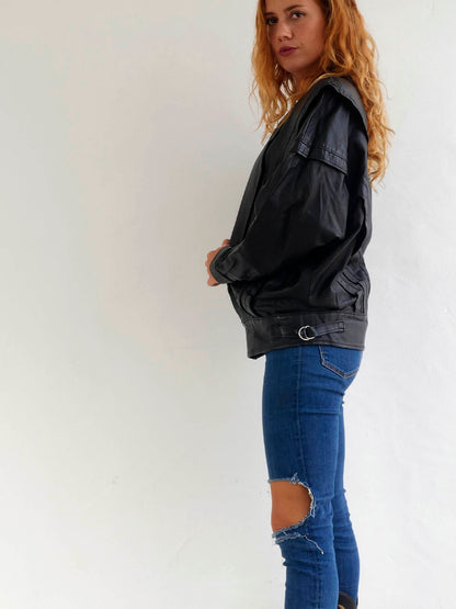 Vintage Black Leather Jacket with Large Shoulders