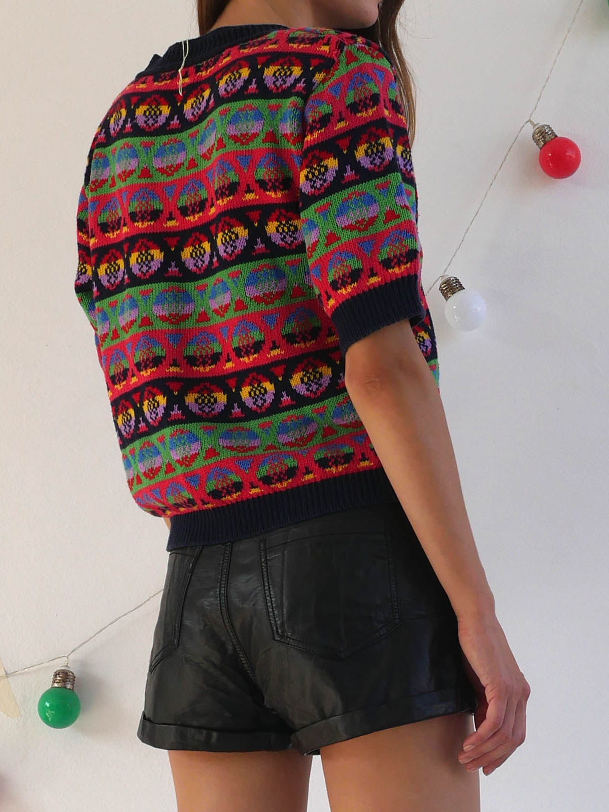 Vintage Benetton Short Sleeve Sweater with Multicolor Pattern