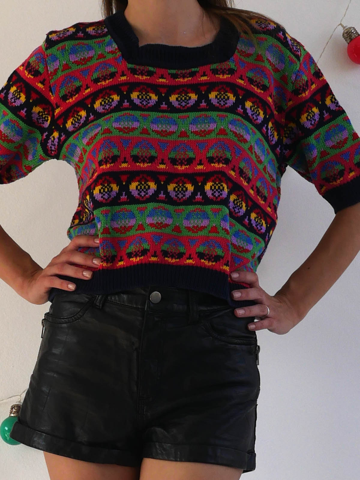 Vintage Benetton Short Sleeve Sweater with Multicolor Pattern