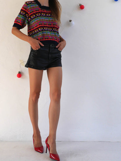 Vintage Benetton Short Sleeve Sweater with Multicolor Pattern