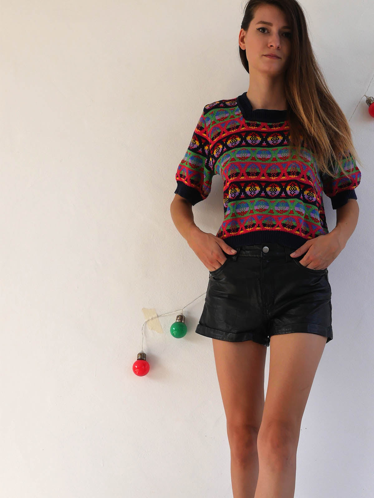 Vintage Benetton Short Sleeve Sweater with Multicolor Pattern