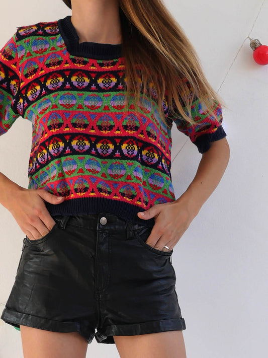 Vintage Benetton Short Sleeve Sweater with Multicolor Pattern