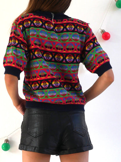 Vintage Benetton Short Sleeve Sweater with Multicolor Pattern