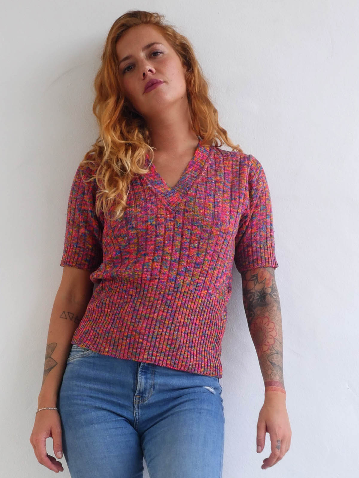 Bright Multicolor Knit Top with Short Sleeves