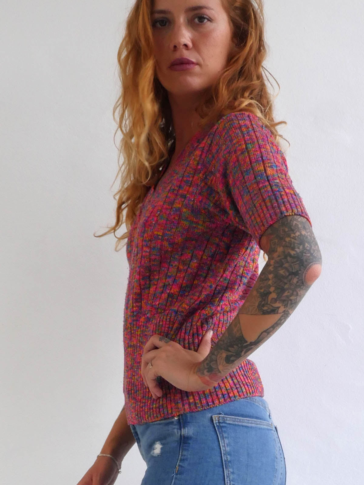 Bright Multicolor Knit Top with Short Sleeves