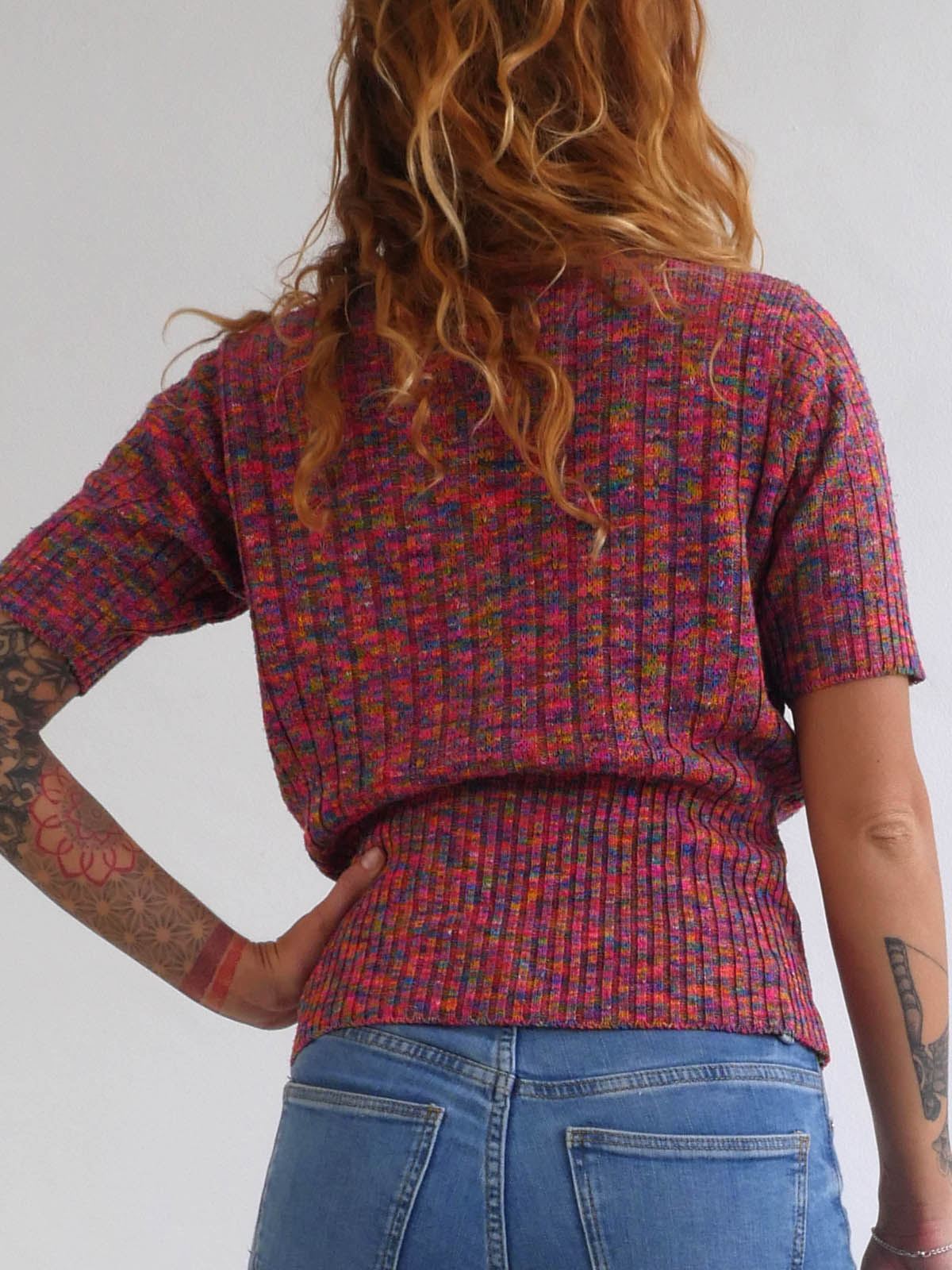 Bright Multicolor Knit Top with Short Sleeves