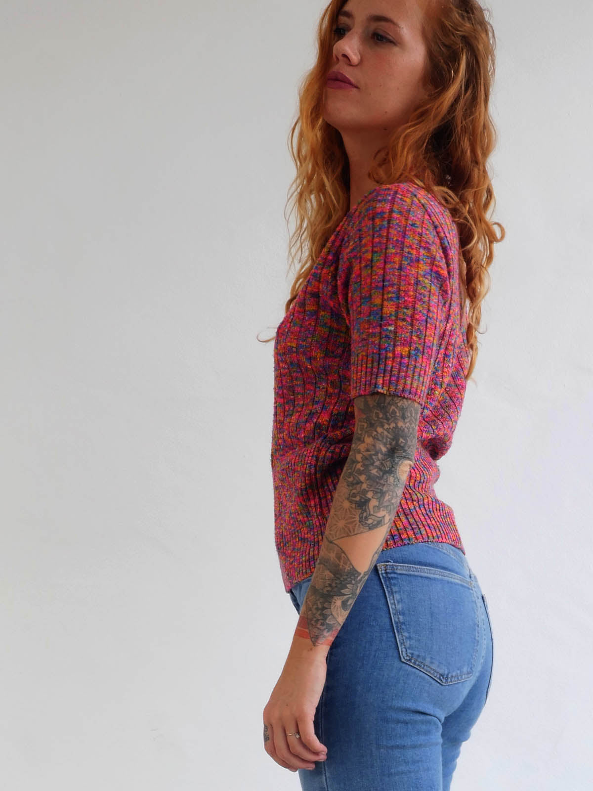 Bright Multicolor Knit Top with Short Sleeves