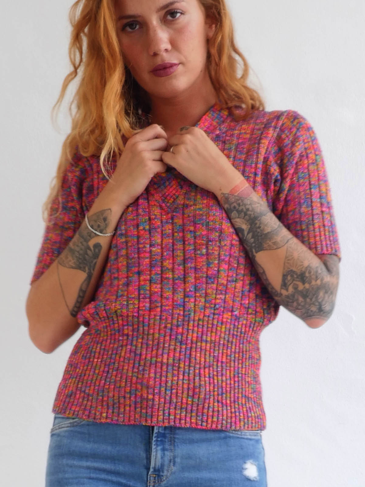 Bright Multicolor Knit Top with Short Sleeves