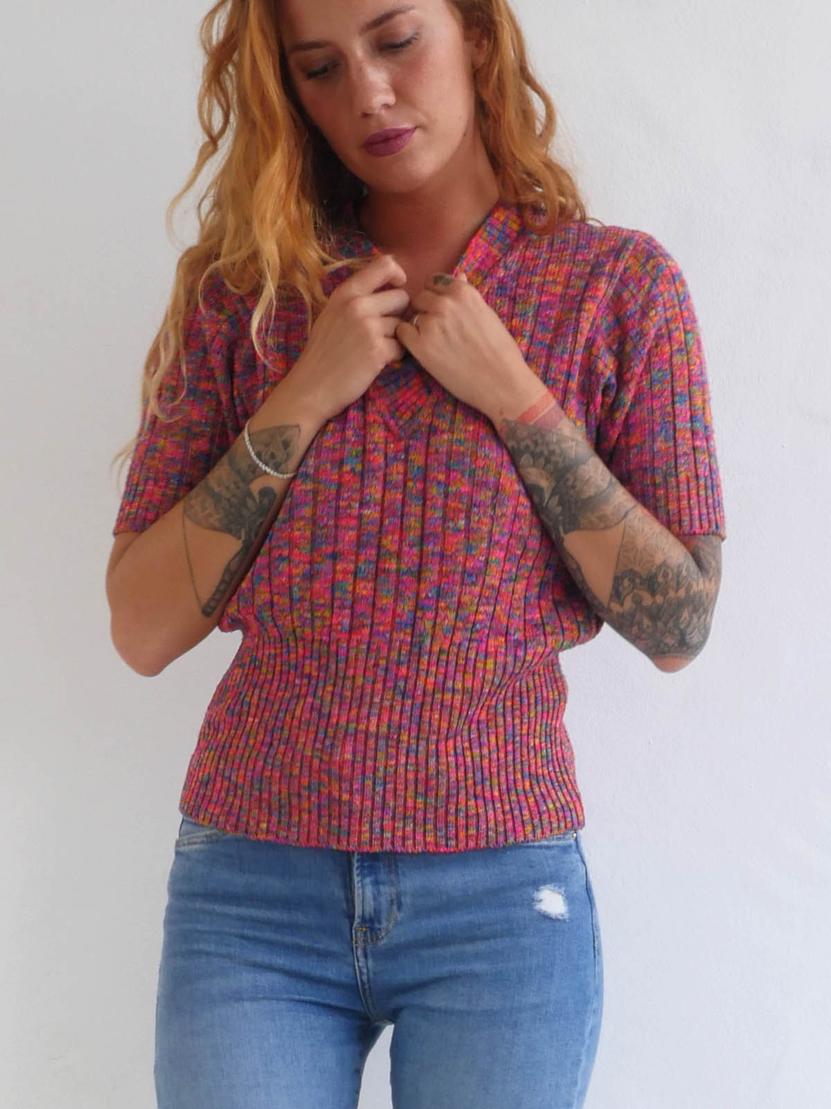 Bright Multicolor Knit Top with Short Sleeves