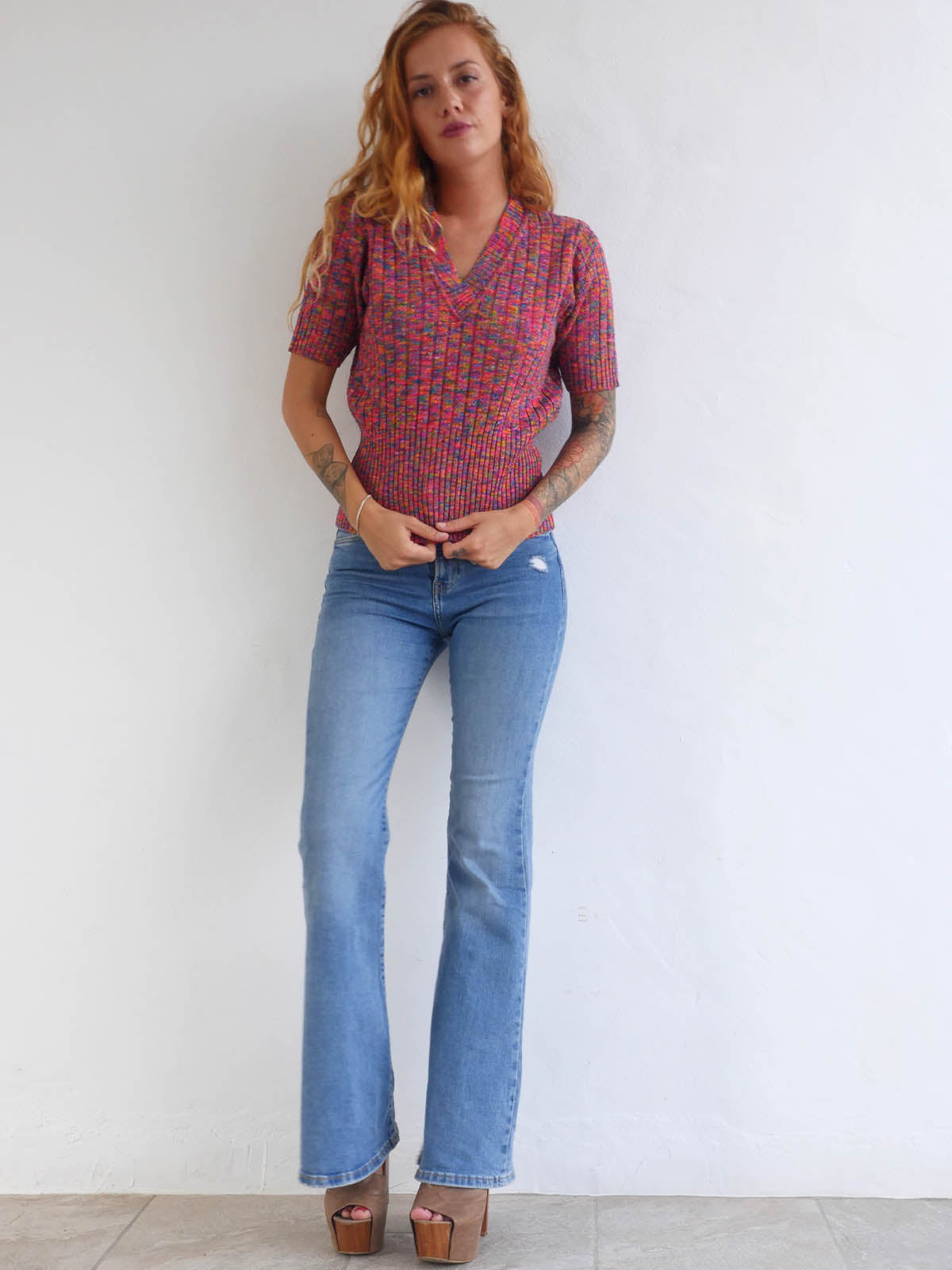 Bright Multicolor Knit Top with Short Sleeves