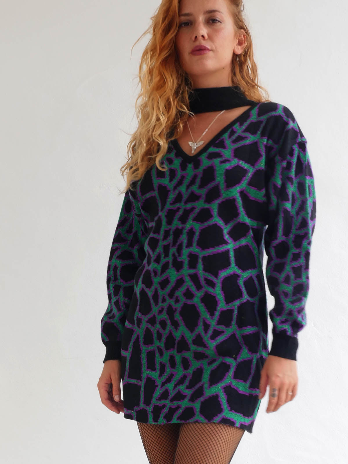 Mini Knit Dress with Long Sleeves and Abstract Pattern