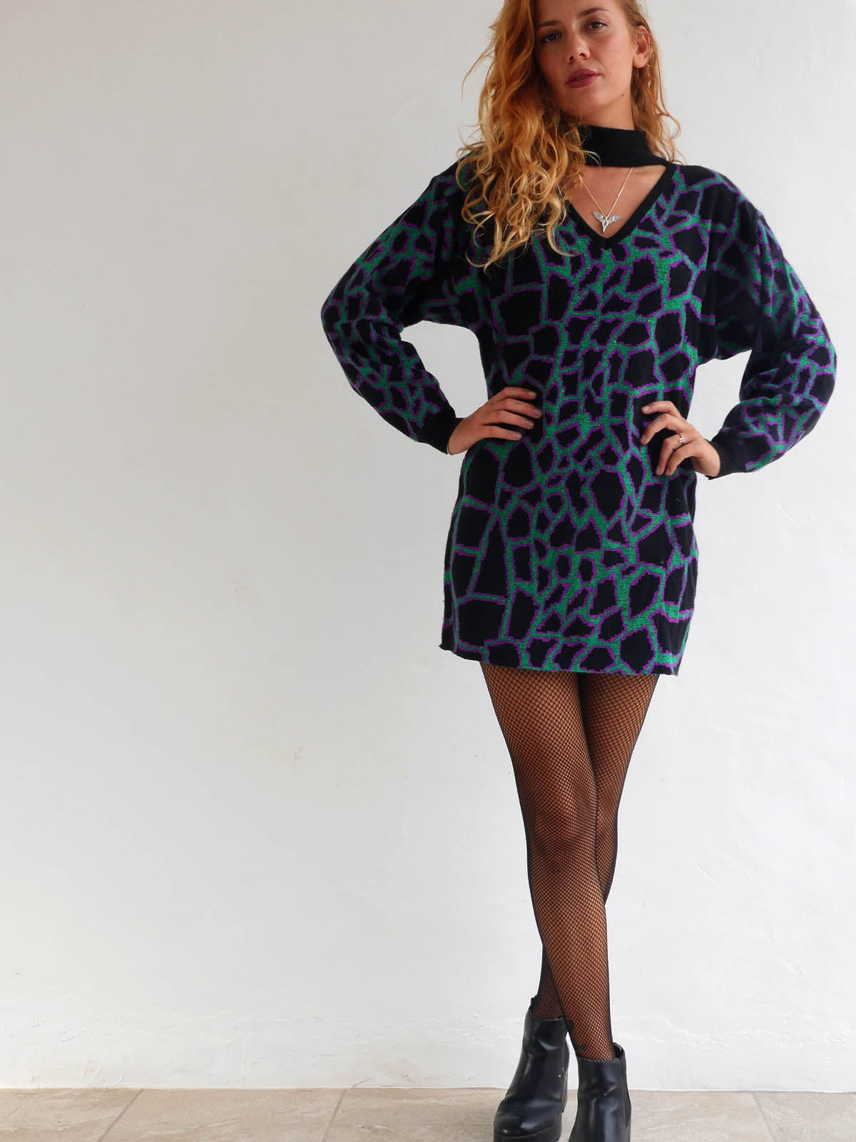 Mini Knit Dress with Long Sleeves and Abstract Pattern