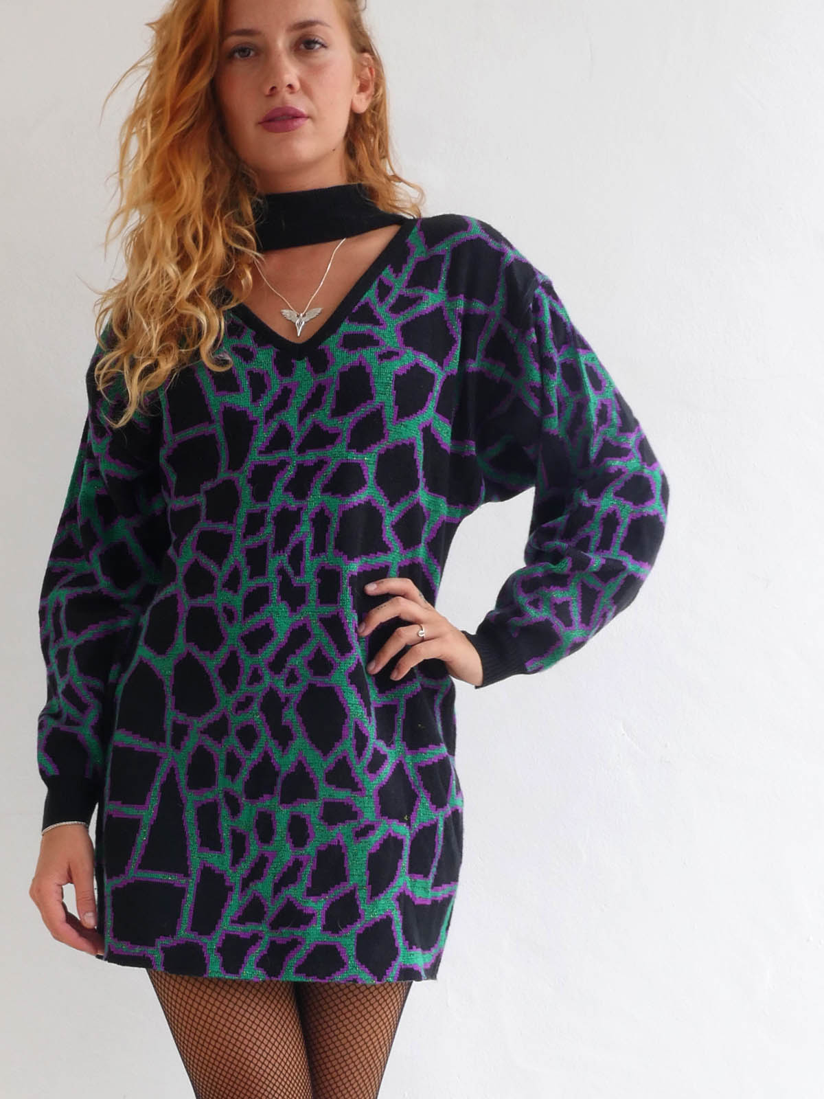 Mini Knit Dress with Long Sleeves and Abstract Pattern