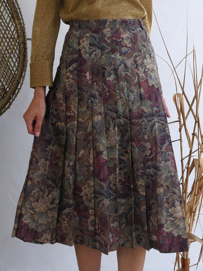 Vintage Floral Pleated Midi Skirt in Earthy Tones