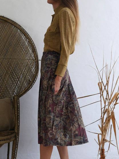 Vintage Floral Pleated Midi Skirt in Earthy Tones